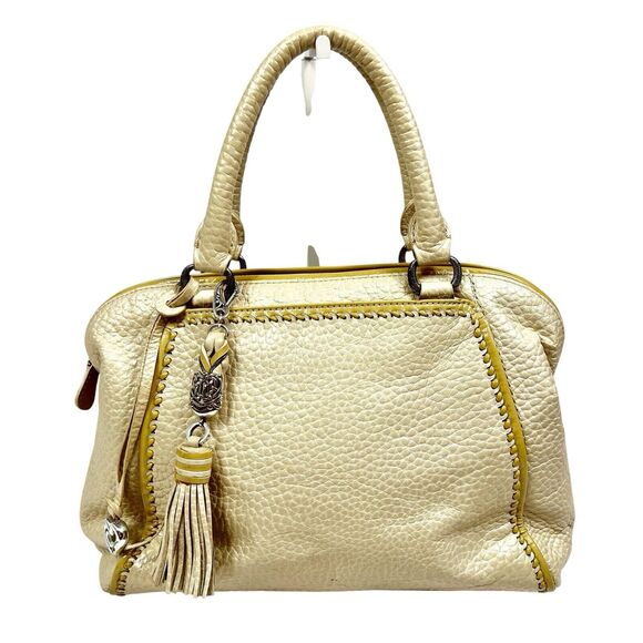 Brighton Metallic Cream Pebbled Leather Dual Handle Satchel U197302 Tassel Charm - Picture 1 of 14